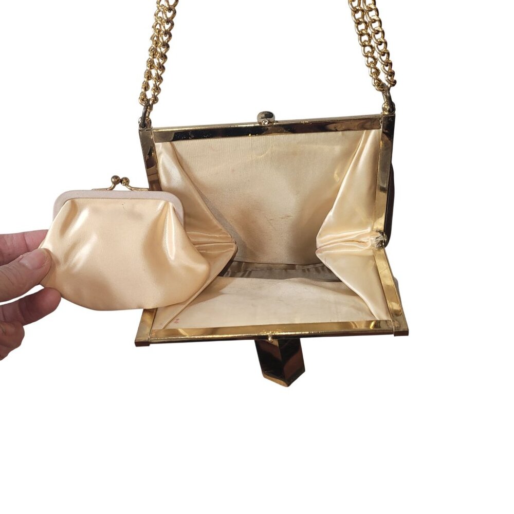 Vintage Gold Evening Bag With Chain Strap & Triangular Front Plate Satin Lined C - Picture 11 of 16